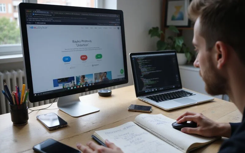A website header mockup with a language switcher offering English, Bahasa Malaysia and Chinese options beside a simple URL structure