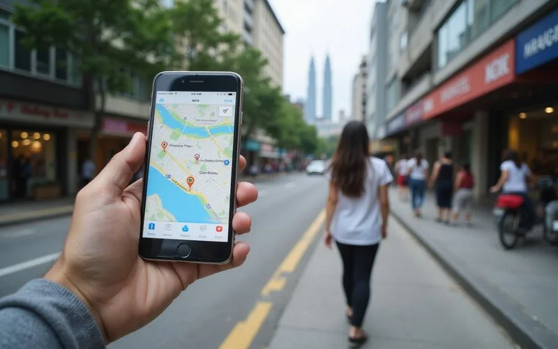 A map view of Kuala Lumpur with three business pins and star ratings, illustrating how local results are displayed on a phone