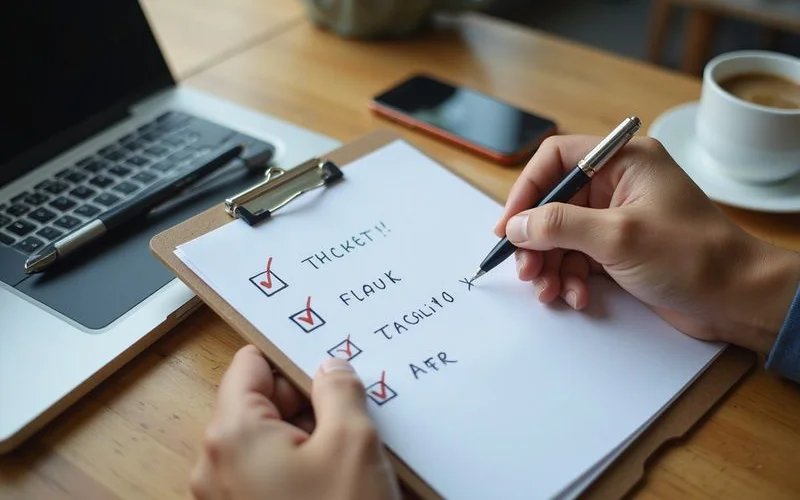 A checklist on a clipboard with ticked boxes beside agency questions about reporting, access and scope